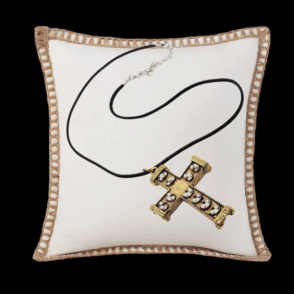 Gold Plated Cross with a Beautiful Embossed Design and Black Leather Necklace